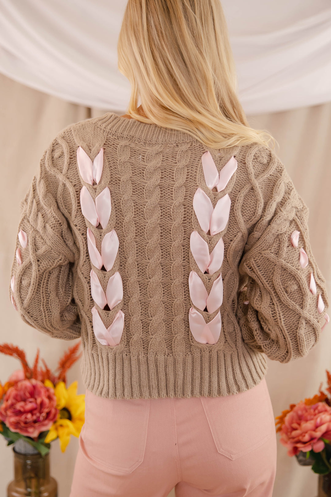 Women's Cute Bow Sweater- Cropped Ribbon Cable Knit Sweater