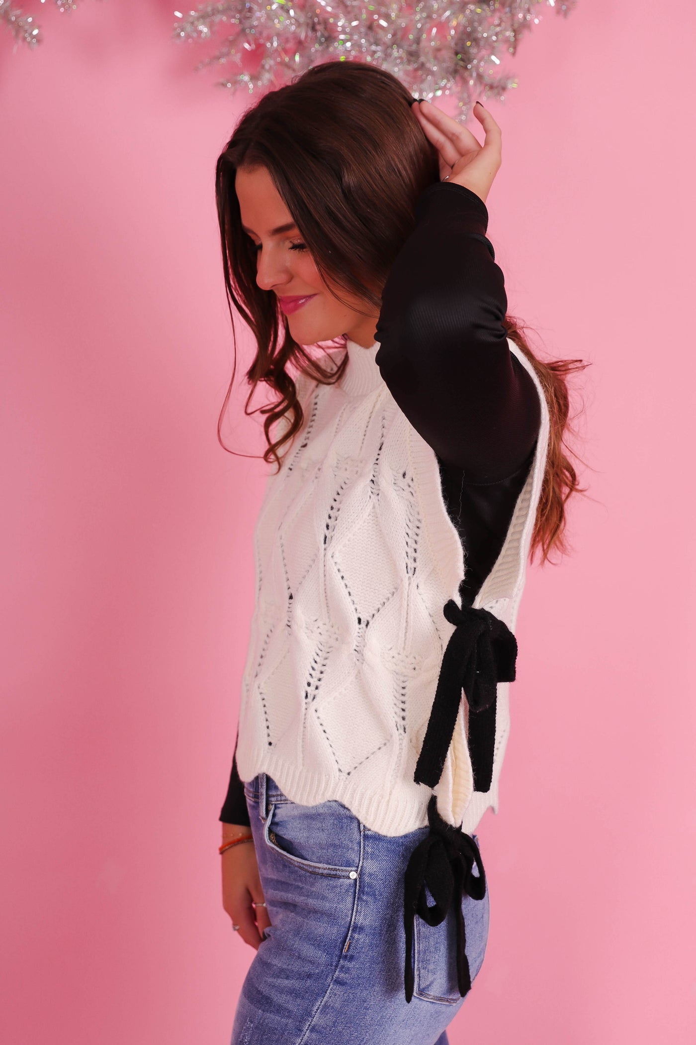 Women's Knit Sweater Vest- Women's Chic Scalloped Sweater With Bows- Mabel Sweaters
