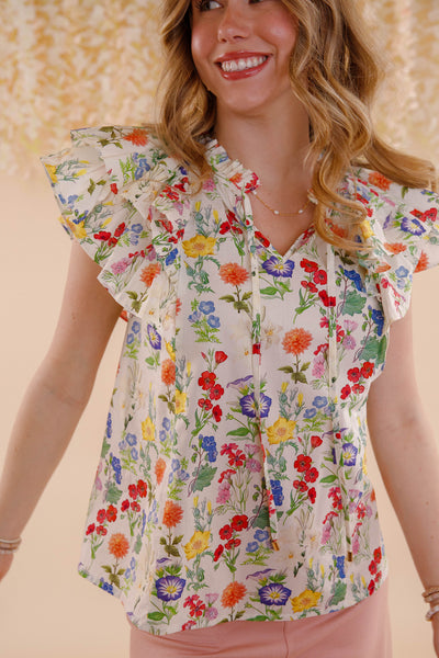 Floral Print Ruffle Sleeve Blouse- Women's Spring Summer Tops- Entro Flower Blouse