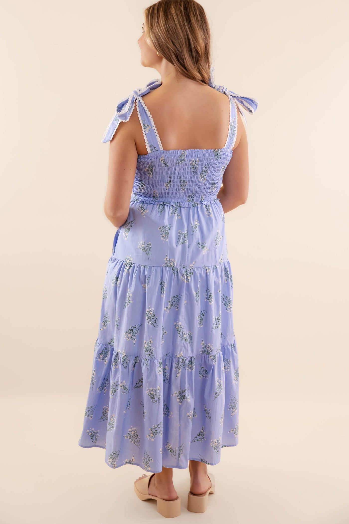 Floral Smocked Tie Shoulder Midi Dress- Women's Blue Scallop Midi- Entro Dresses