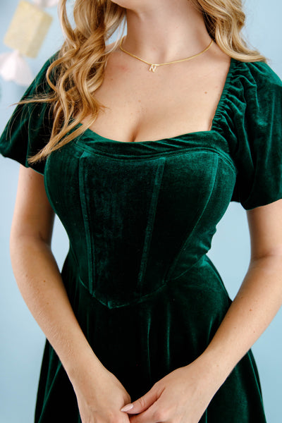 Emerald Green Velvet Mini Dress- Women's Corset Style Dress- Women's Holiday Dresses