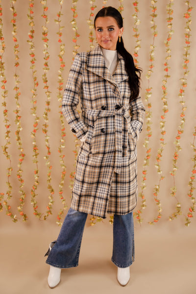 Women's Plaid Winter Coat- Double Breasted Check Print Coat- Women's Coat With Belt