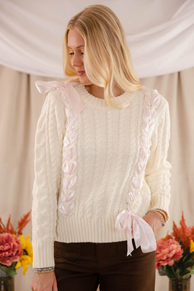 Ivory Sweater With Pink Ribbon- Cable Knit Ribbon Sweater For Women- LoveShack Bow Sweater