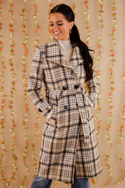 Women's Plaid Winter Coat- Double Breasted Check Print Coat- Women's Coat With Belt