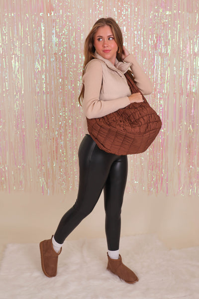 Brown Quilted Carryall Bag- Quilted Shoulder Bag- FP Quilted Bag Dupe