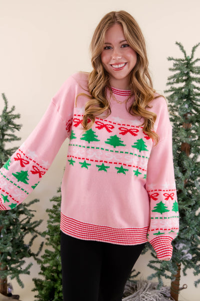 Festive Ribbed Sweater- Christmas Tree Bow Sweater- Women's Preppy Christmas Sweaters