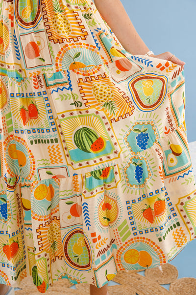 Women's Tropical Fruit Print Dress- Vibrant Summer Midi Dress- Perfect Vacation Dress