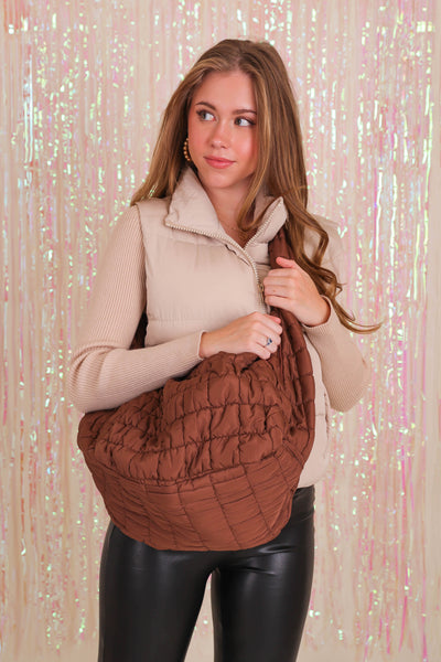 Brown Quilted Carryall Bag- Quilted Shoulder Bag- FP Quilted Bag Dupe