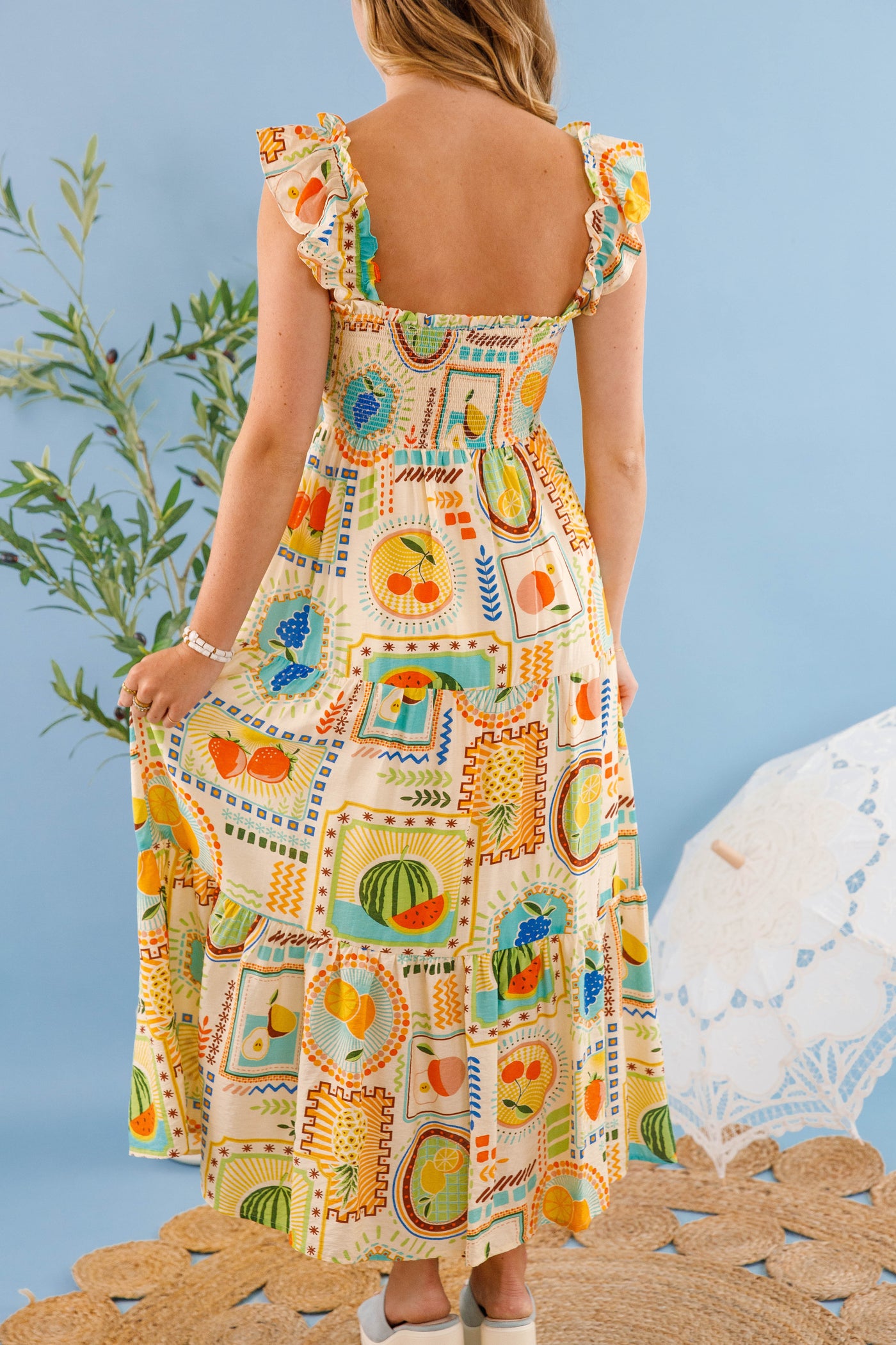 Women's Tropical Fruit Print Dress- Vibrant Summer Midi Dress- Perfect Vacation Dress