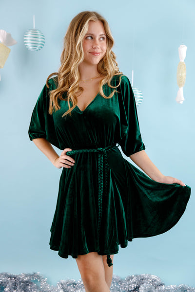 Velvet Emerald Green Dolman Dress- Women's Velvet Holiday Dress- Velvet Green Dress for Women