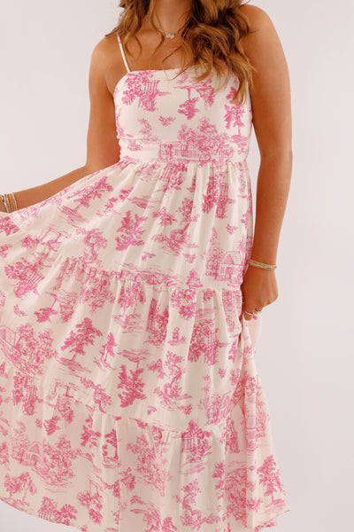 Tropical Print Dress- Pink Maxi Dress- Coastal Grandmother Style Dress
