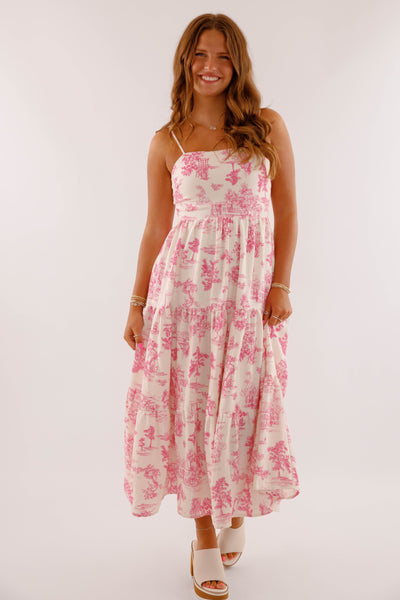 Tropical Print Dress- Pink Maxi Dress- Coastal Grandmother Style Dress