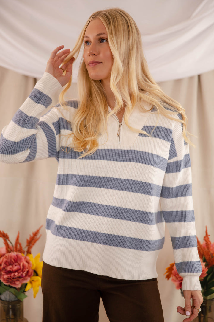 Striped Oversized Quarter Zip Sweater- Women's Preppy Sweaters