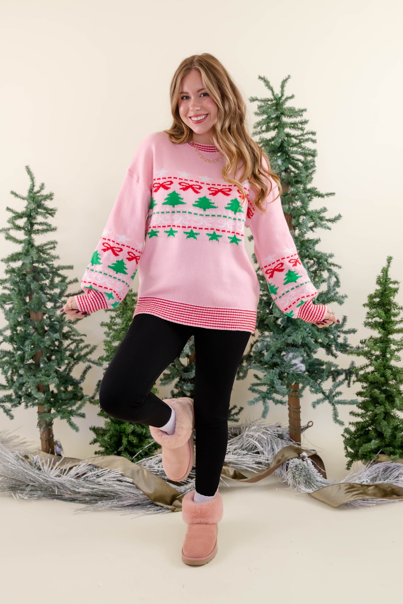 Festive Ribbed Sweater- Christmas Tree Bow Sweater- Women's Preppy Christmas Sweaters