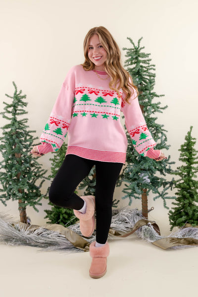 Festive Ribbed Sweater- Christmas Tree Bow Sweater- Women's Preppy Christmas Sweaters