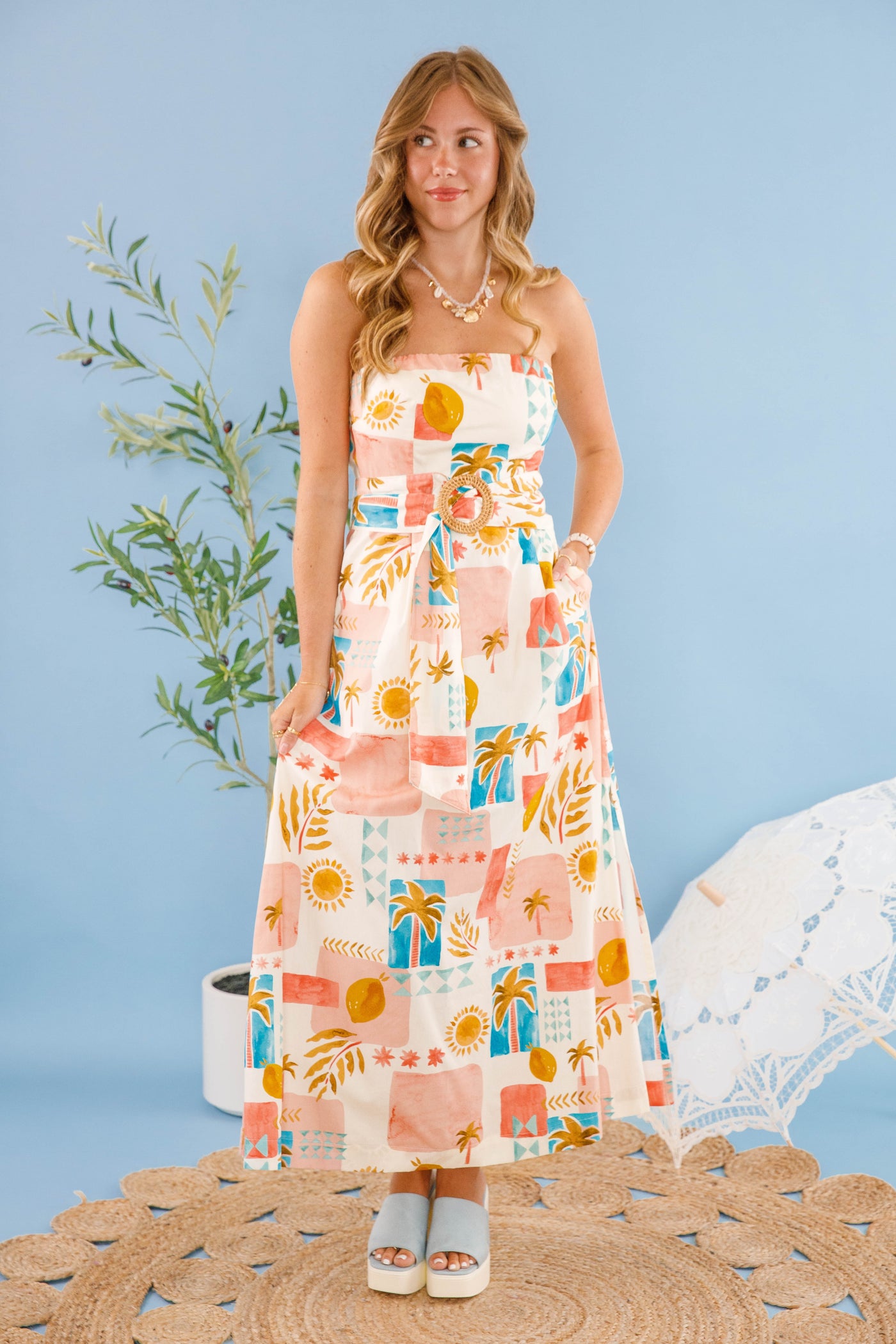 strapless summer dress maxi Camille Floral - XS Size - Women's Dresses This strapless bandeau tiered maxi dress features an elegant lace crochet trim design flowy A On the Sunny Side of