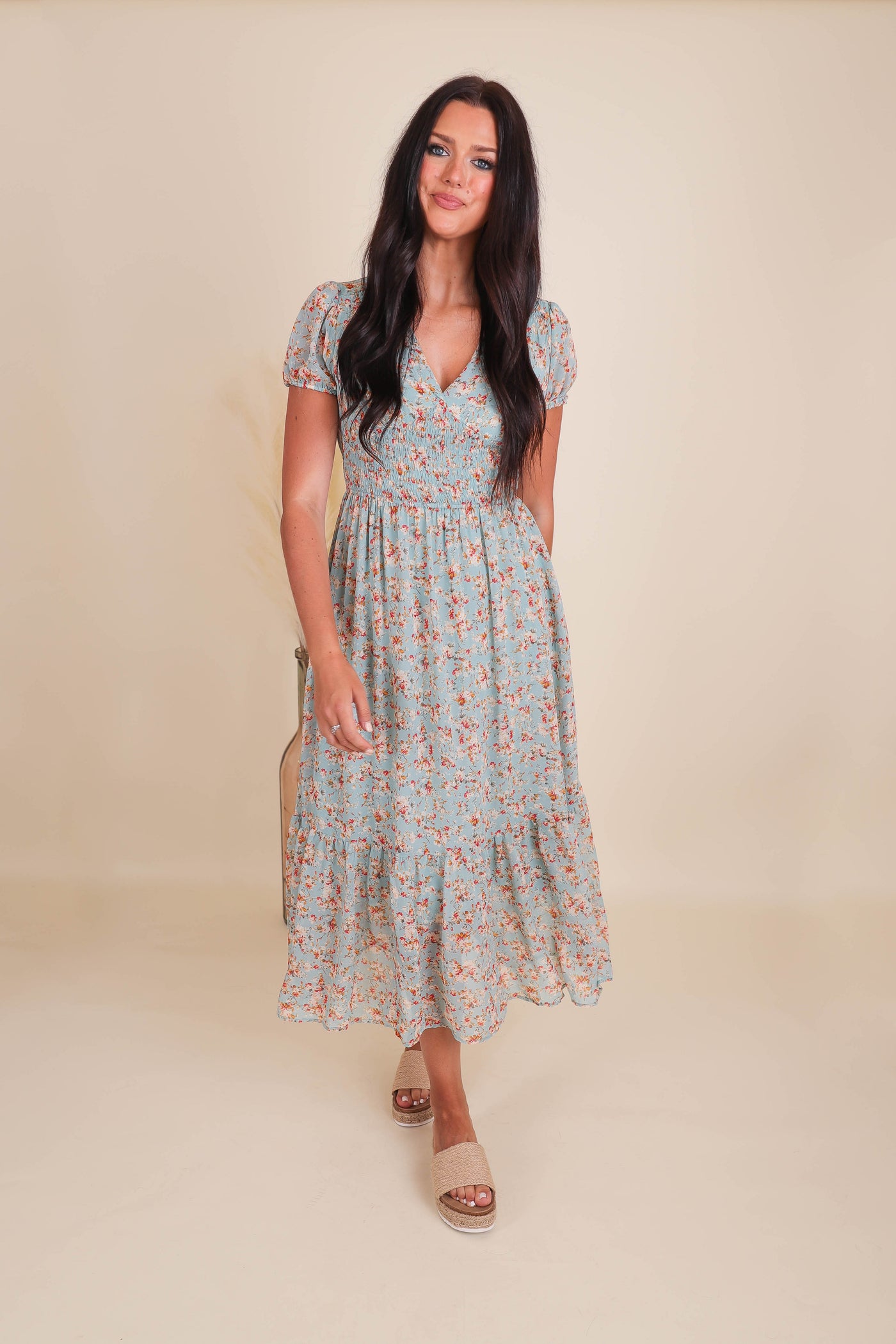 Floral Print Midi Dress- Women's Cottagecore Dresses- Women's Conservative Dresses