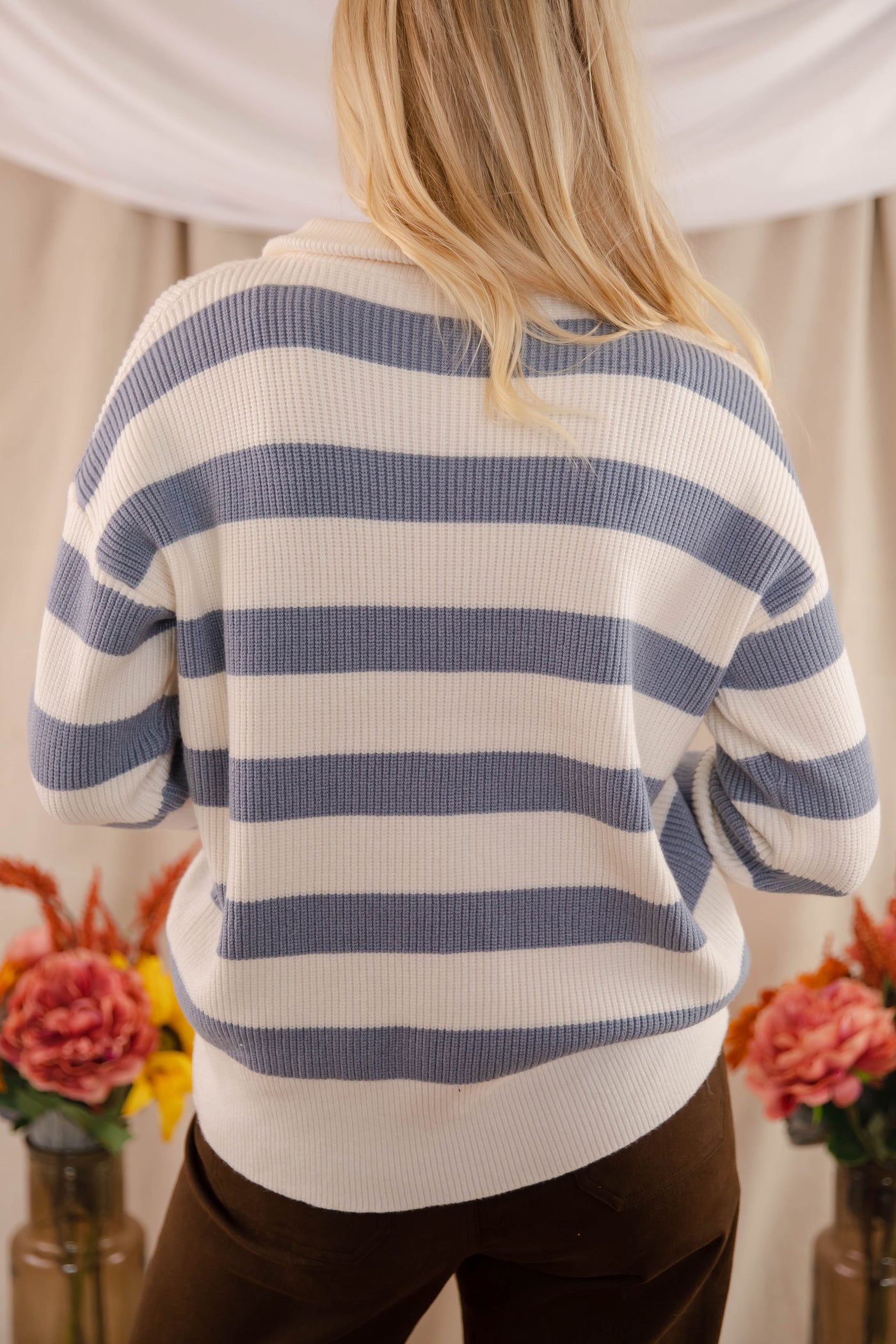 Striped Oversized Quarter Zip Sweater- Women's Preppy Sweaters- Women's Quarter Zip Knit