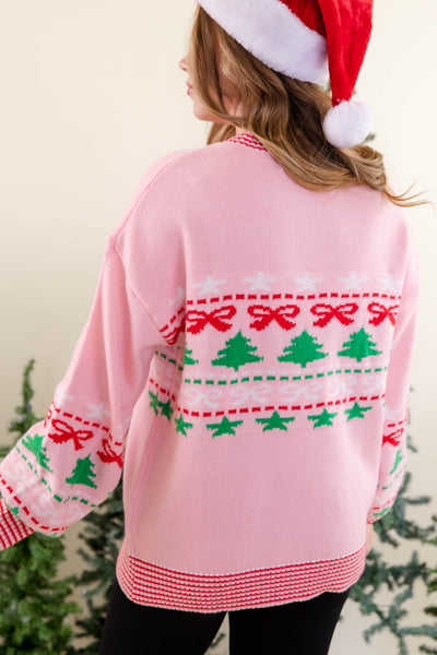 Festive Ribbed Sweater- Christmas Tree Bow Sweater- Women's Preppy Christmas Sweaters