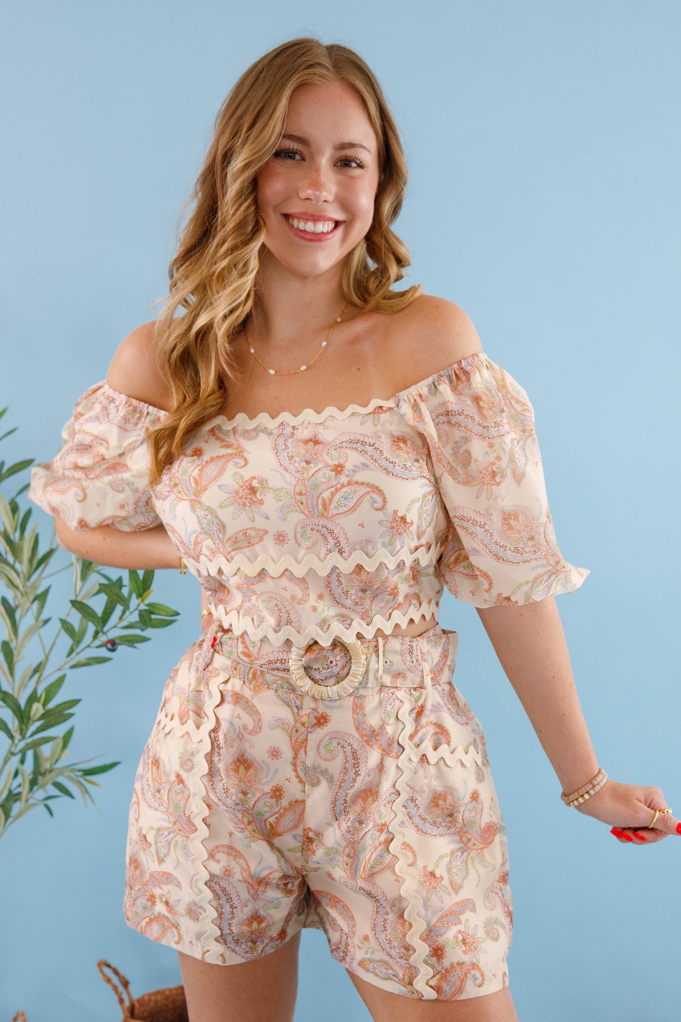Women's Boho Matching Set- Paisley Top and Short Set-Skies Are Blue Paisley Top
