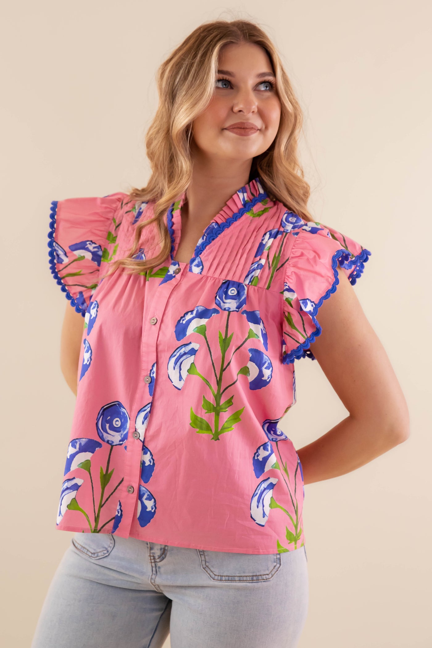 Floral Print Ruffle Sleeve Blouse- Blue and Pink Ruffle Top- Women's Spring Tops