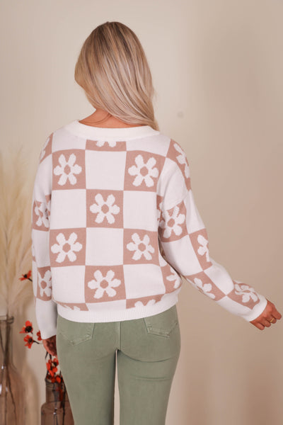 Women's Trendy Check Sweater- Checkered Flower Sweater- Miracle Sweaters