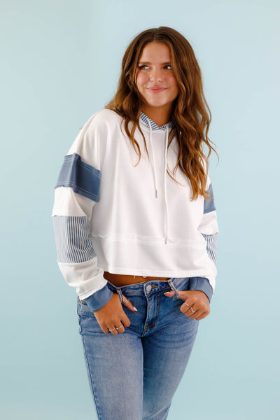 Blue And White Patchwork Hoodie- Women's Blue Cropped Hoodie