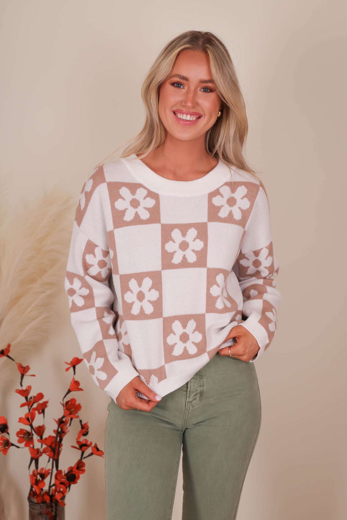 Women's Trendy Check Sweater- Checkered Flower Sweater- Miracle Sweaters