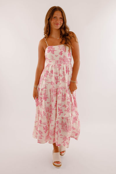 Tropical Print Dress- Pink Maxi Dress- Coastal Grandmother Style Dress