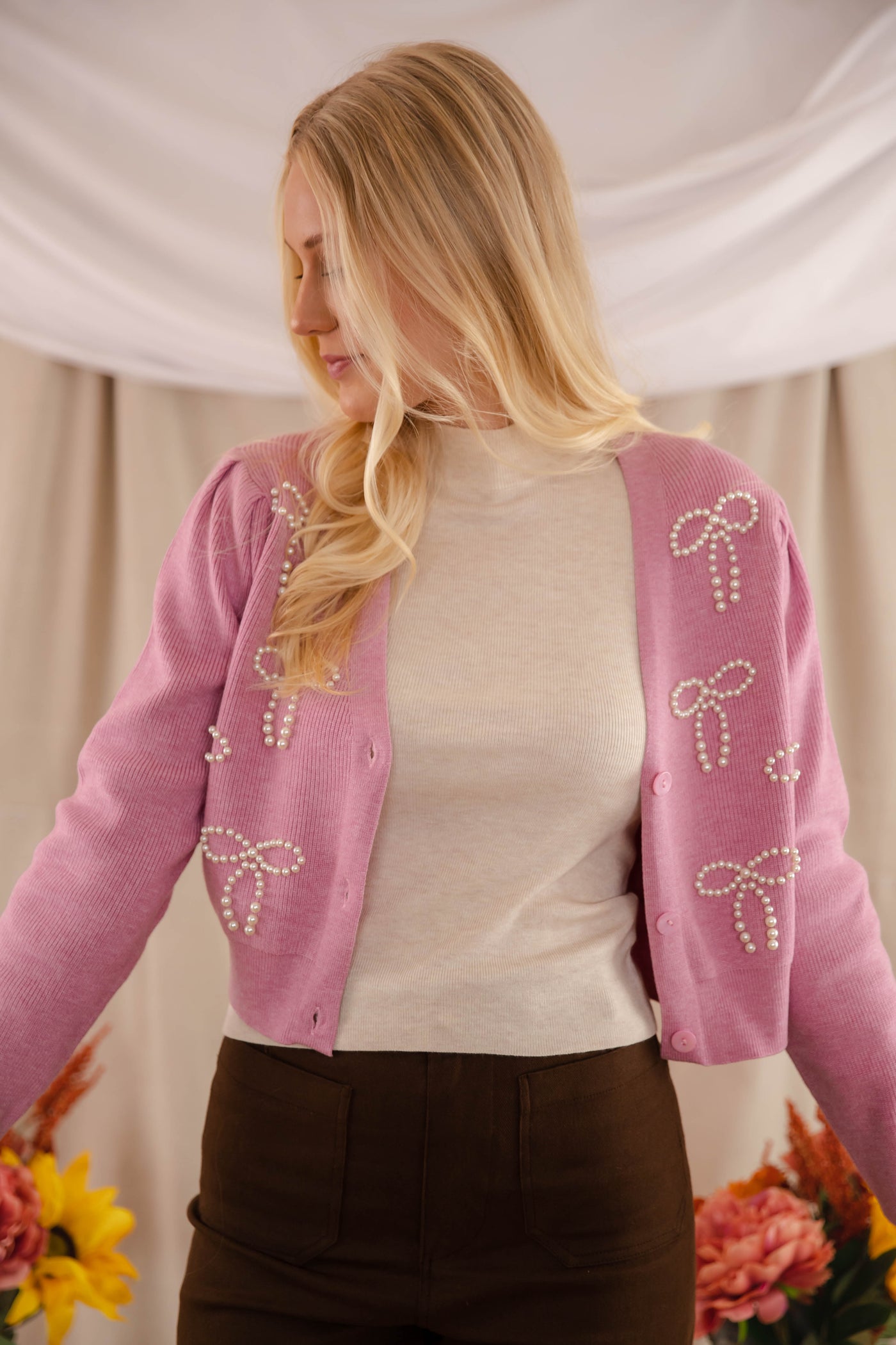 Women's Pearl Bow Cardigan- Pink Cardigan With Bows- PeachLove Pearl Sweater