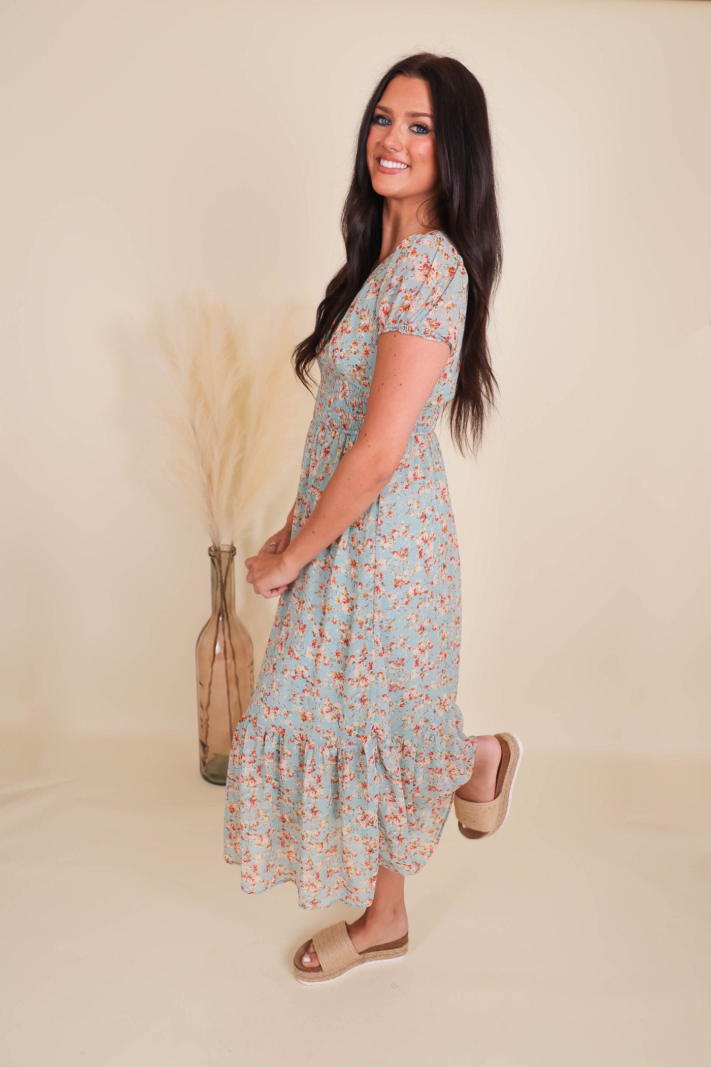 Floral Print Midi Dress- Women's Cottagecore Dresses- Women's Conservative Dresses