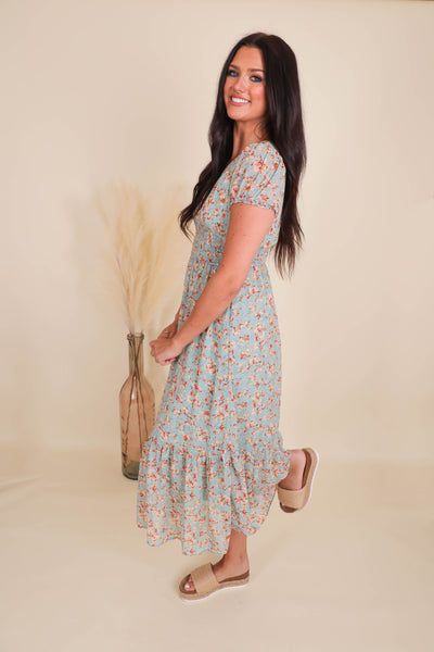 Floral Print Midi Dress- Women's Cottagecore Dresses- Women's Conservative Dresses