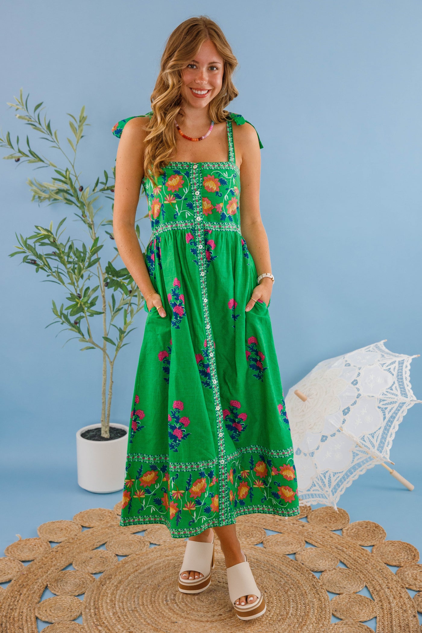 Women's Green Print Floral Dress- THML Midi Dress- Women's Vacation Dresses