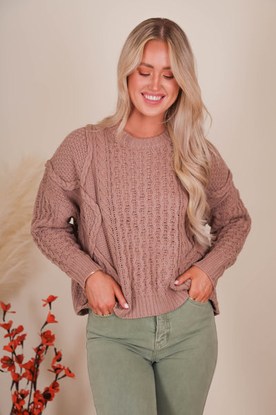Women's Brown Cable Knit Sweater- Women's Cozy Fall Sweaters- &Merci Sweaters