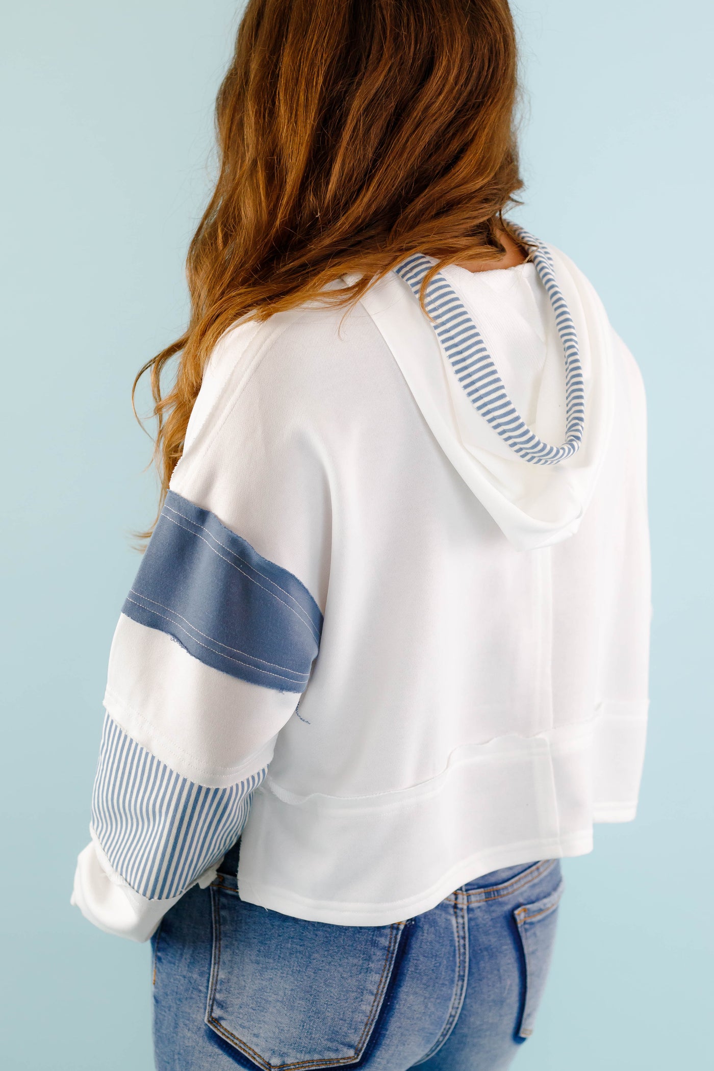 Blue And White Patchwork Hoodie- Women's Blue Cropped Hoodie