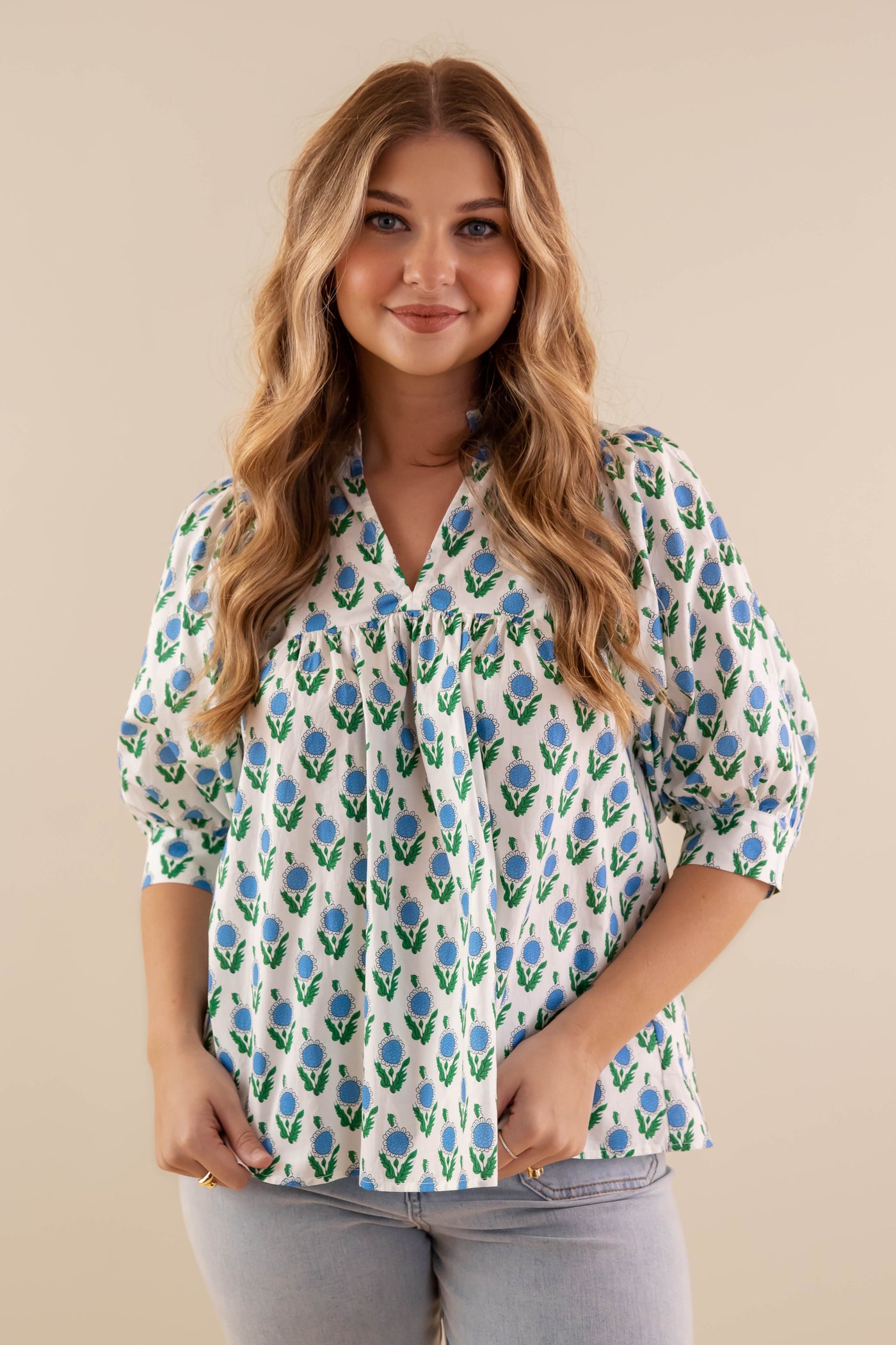 Beautiful Floral Print Blouse- Women's Preppy Summer Tops- Entro Tops