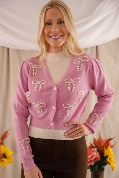 Women's Pearl Bow Cardigan- Pink Cardigan With Bows- PeachLove Pearl Sweater