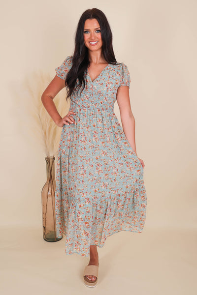 Floral Print Midi Dress- Women's Cottagecore Dresses- Women's Conservative Dresses