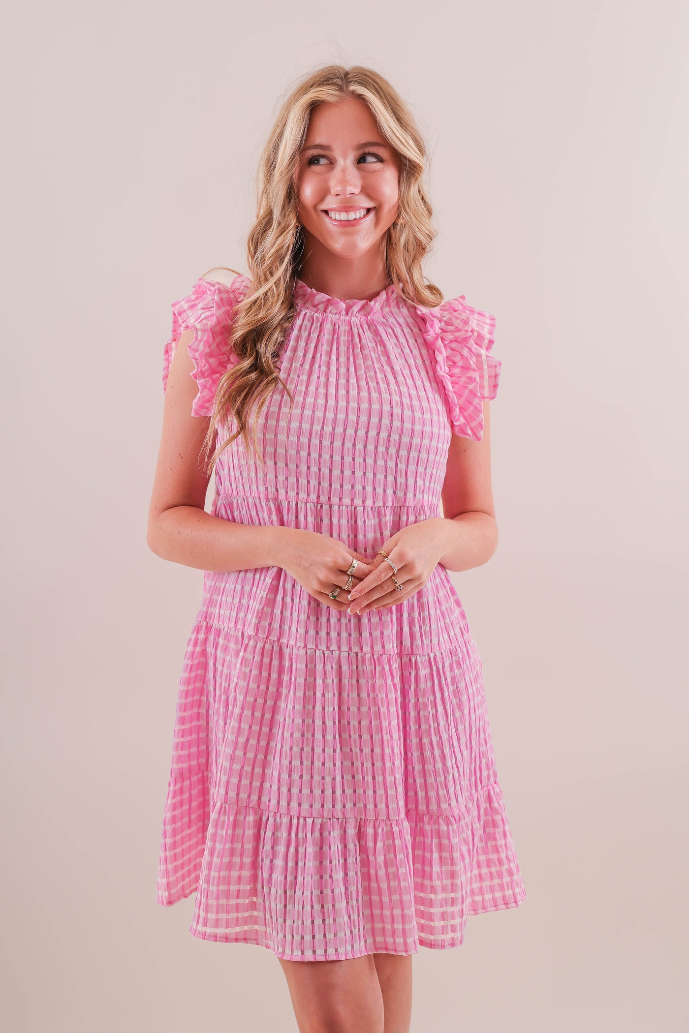 Women's Pink Gingham Dress- Women's Pink and White Seersucker Dress- Entro Dresses