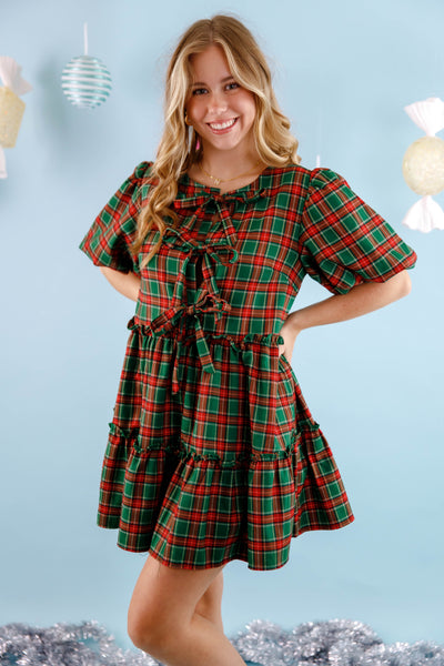 Green Tartan Plaid Dress- Women's Plaid Holiday Dress- PeachLove Christmas Dress