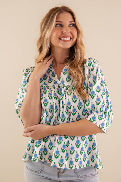 Beautiful Floral Print Blouse- Women's Preppy Summer Tops- Entro Tops