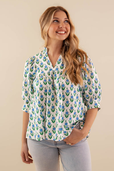 Beautiful Floral Print Blouse- Women's Preppy Summer Tops- Entro Tops