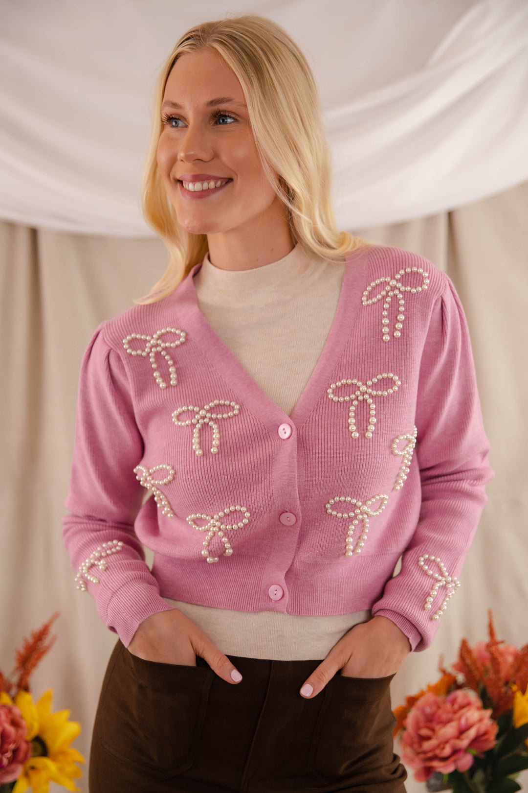 24SS ENFOLD IJAWIDE-ARM CARDIGAN ピンク Women's Pearl Bow Cardigan- Pink Cardigan With Bows
