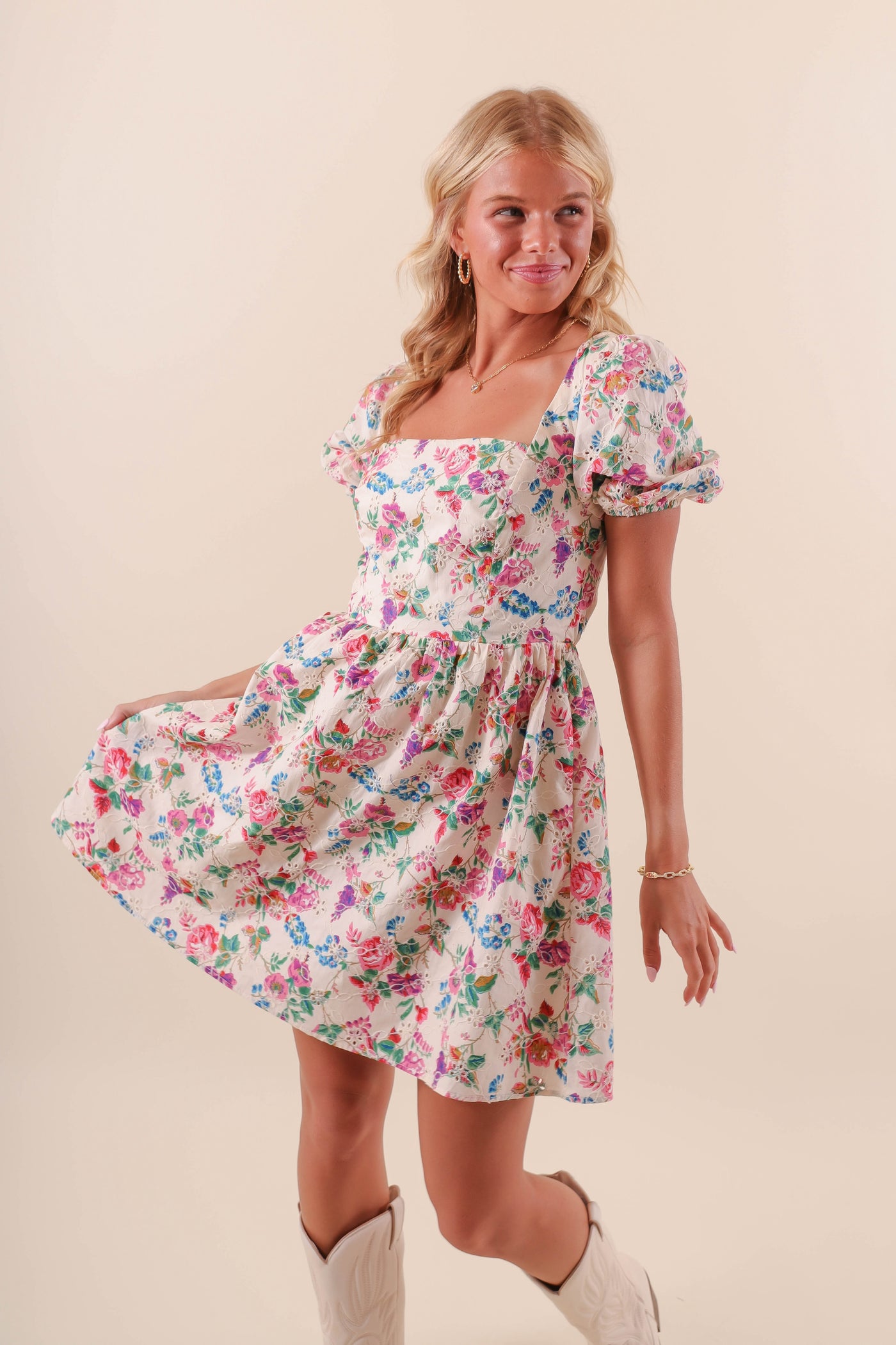 Floral Eyelet Mini Dress- Women's Colorful Dresses- Sugarlips Mini Dress