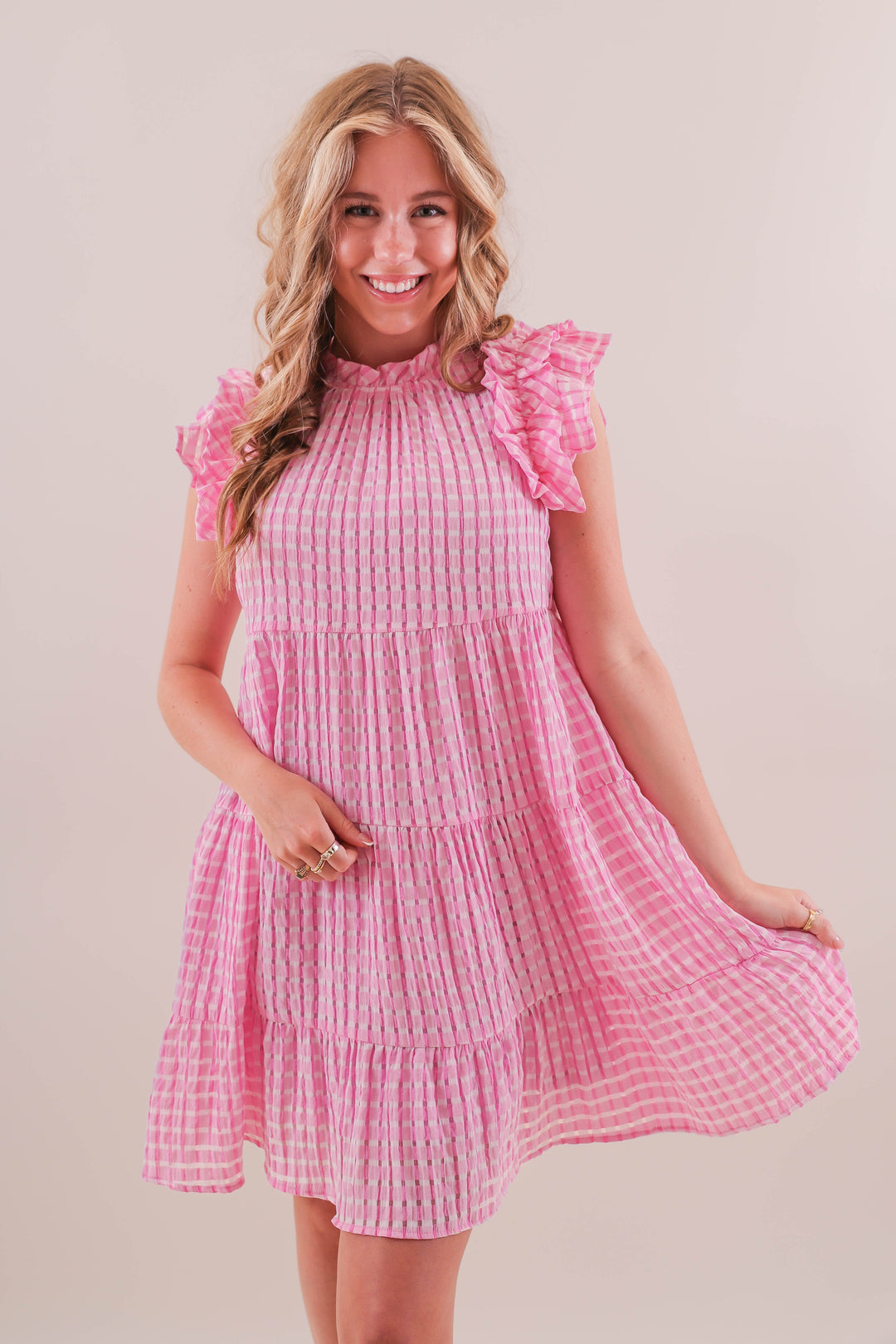 Women's Pink Gingham Dress- Women's Pink and White Seersucker Dress- Entro  Dresses – Juliana's Boutique