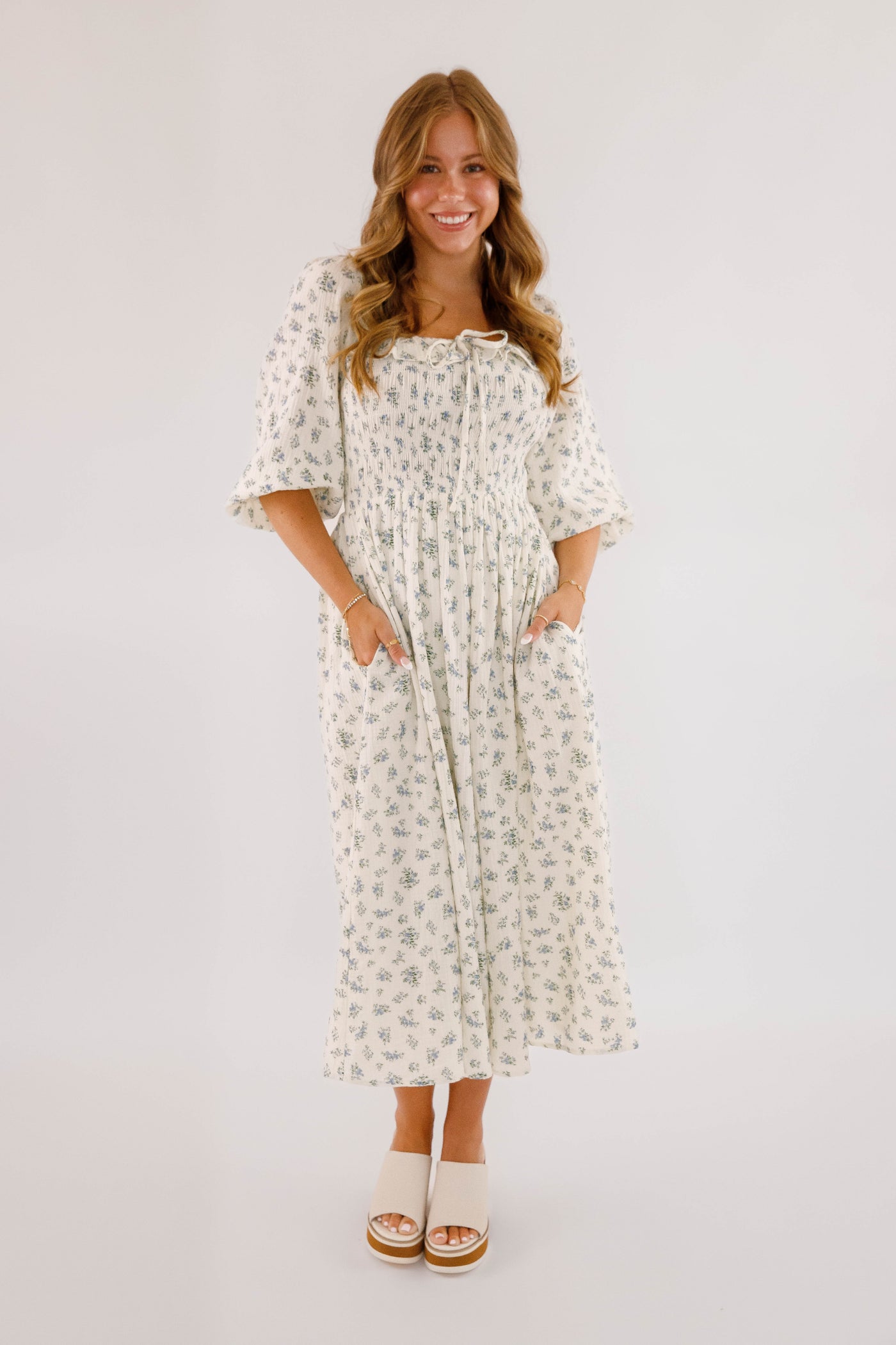 Dainty Blue Floral Print Midi Dress- Women's Cotton Midi Dress- Women's Conservative Dresses Large Dainty Blue Floral Print Midi Dress- Women's Cotton Midi Dress- Women's Conservative Dresses Large