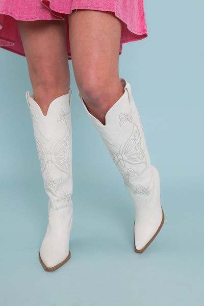 Butterfly Embroidered Western Boots- White Butterfly Boots- Billini USA 