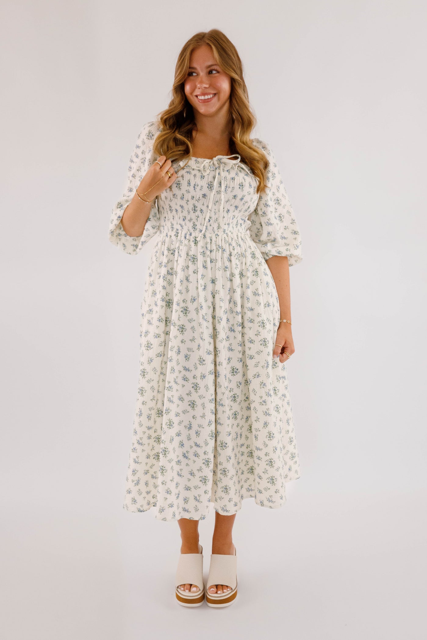 Dainty Blue Floral Print Midi Dress- Women's Cotton Midi Dress- Women's Conservative Dresses Juliana's Boutique Dainty Blue Floral Print Midi Dress- Women's Cotton Midi Dress- Women's Conservative Dresses Juliana's Boutique