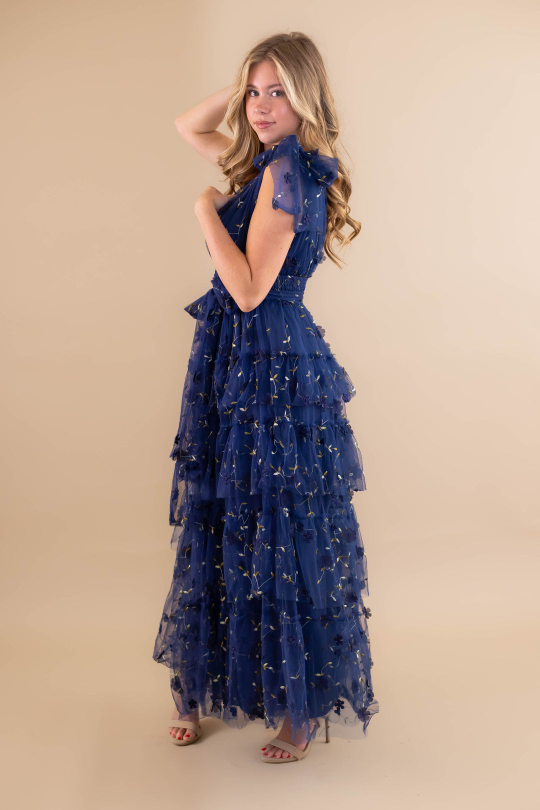 Navy Blue Tulle Maxi Dress- 3D Flower Maxi Dress- Elegant Tulle Flower Maxi  Dress – Juliana's Boutique