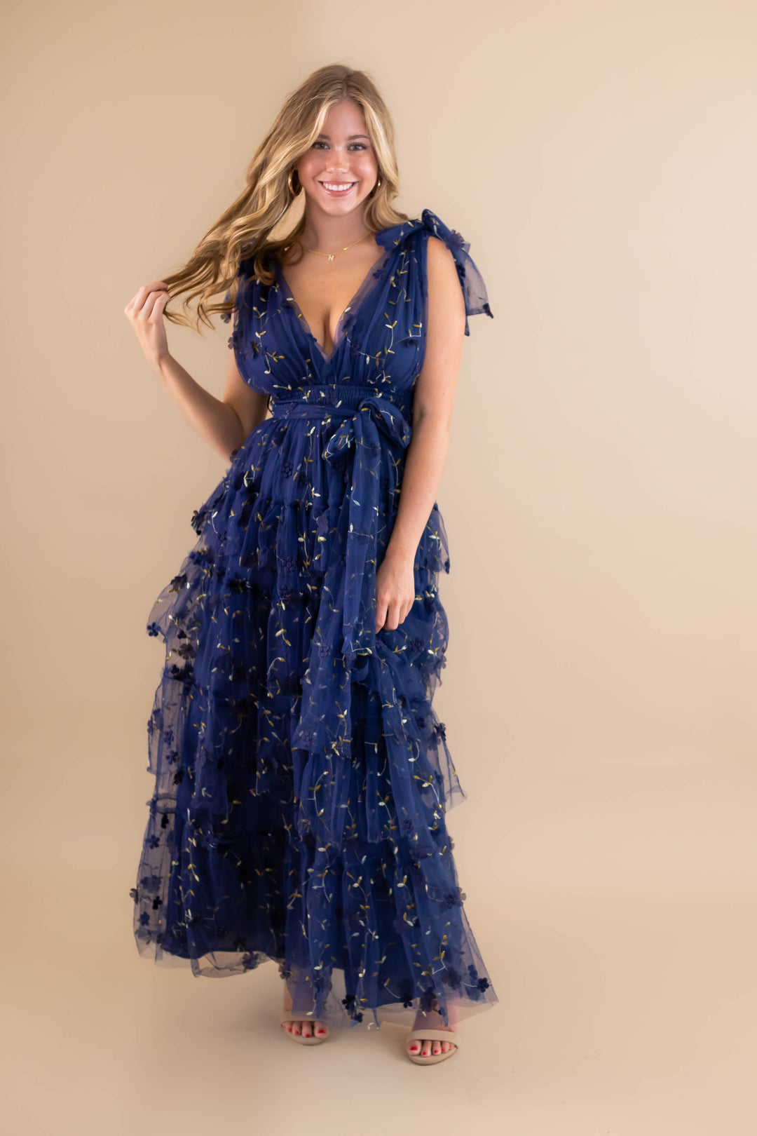 Navy Blue Tulle Maxi Dress- 3D Flower Maxi Dress- Elegant Tulle